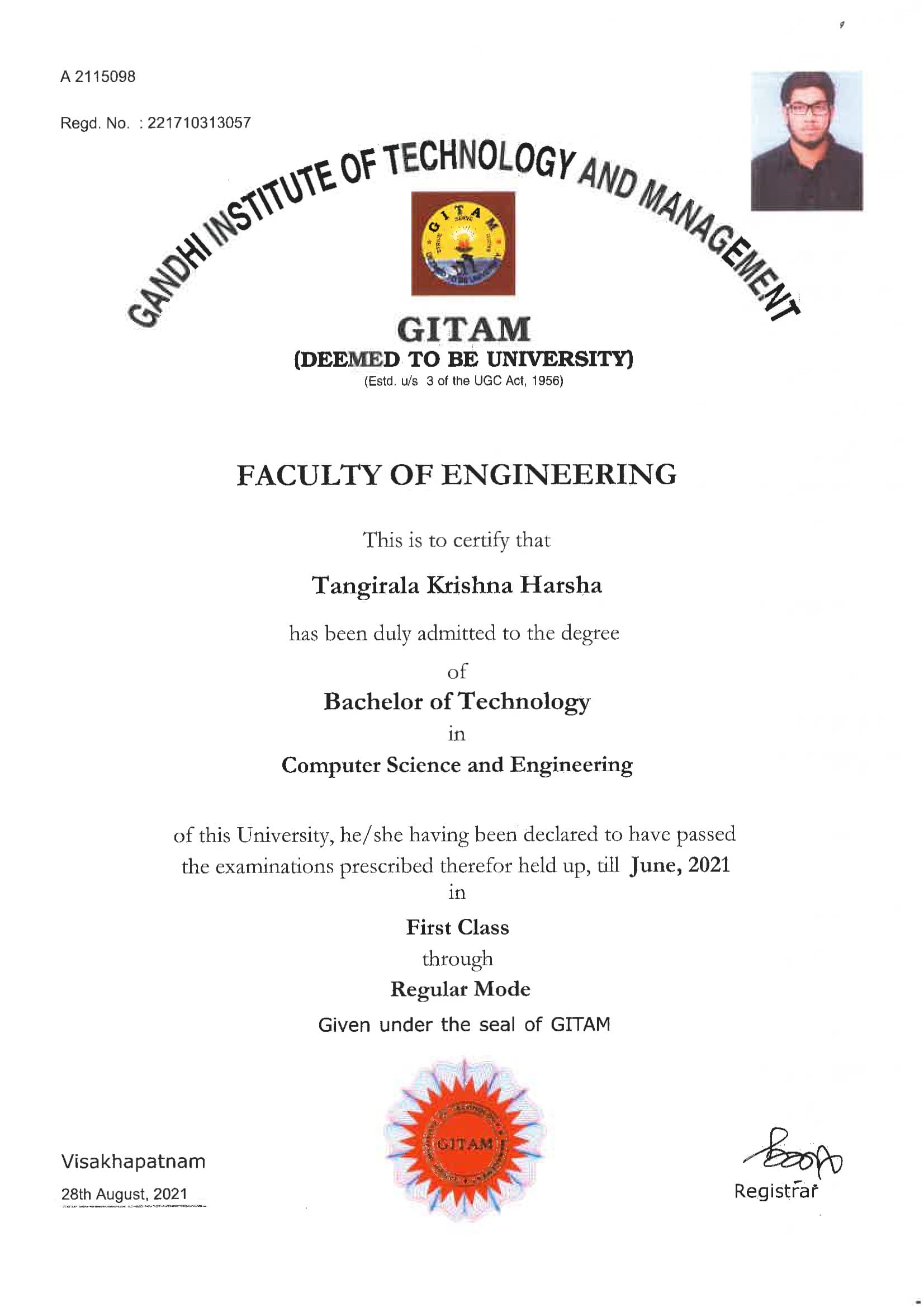 GITAM University B.Tech degree certificate, Computer Science and Engineering, First Class
