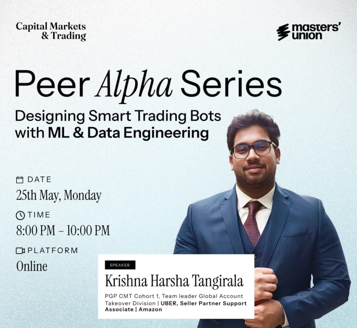 Event graphic for the Peer Alpha Series talk, Designing Smart Trading Bots with ML & Data Engineering