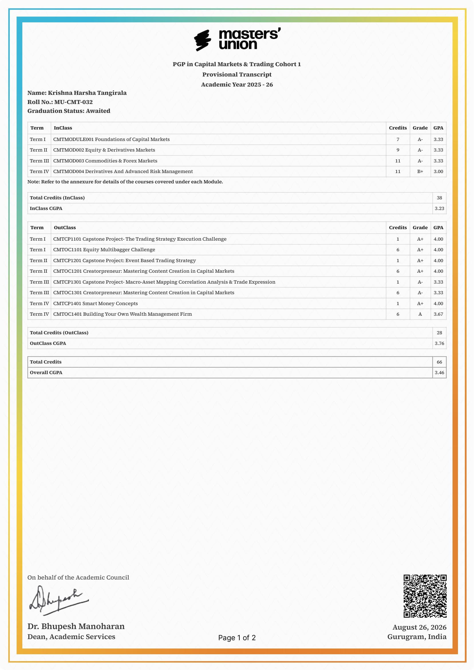 Masters' Union provisional transcript, PGP in Capital Markets & Trading, Cohort 1, overall CGPA 3.46